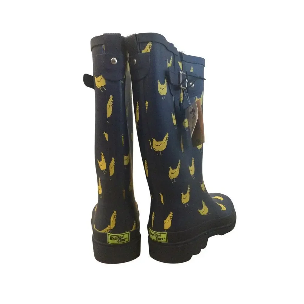 Western Chief Rain Boots Womens‎ 10 Funky Flock Tall Navy Blue Chicken Farm NEW